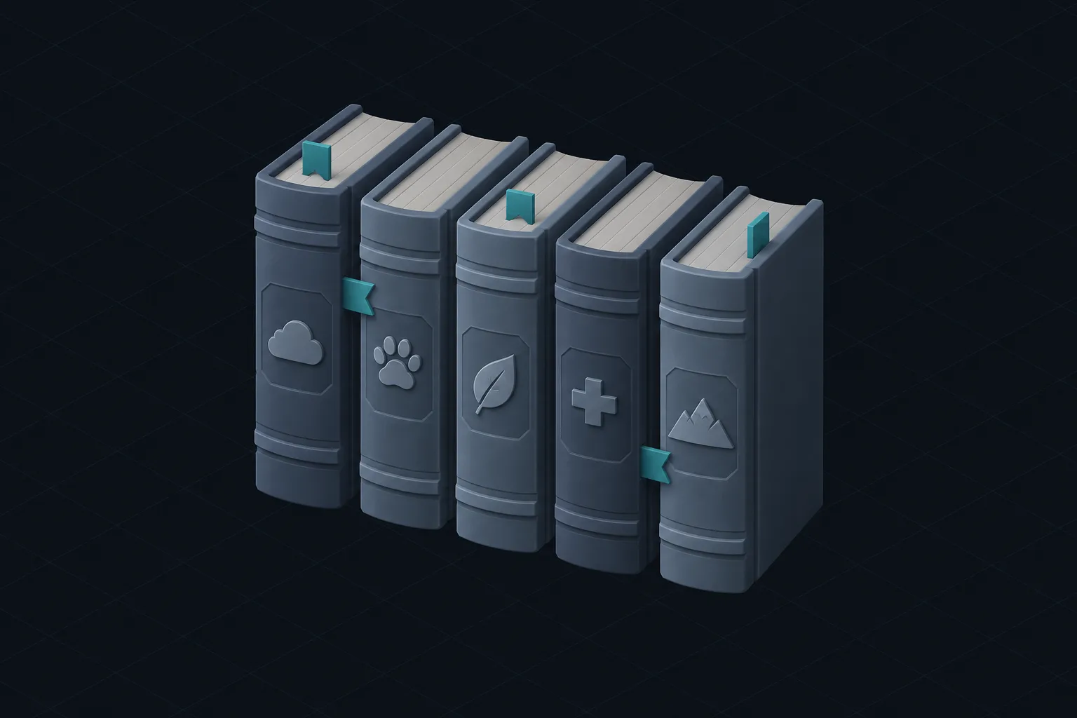 A row of bound field guides with symbols on their spines and teal bookmarks.