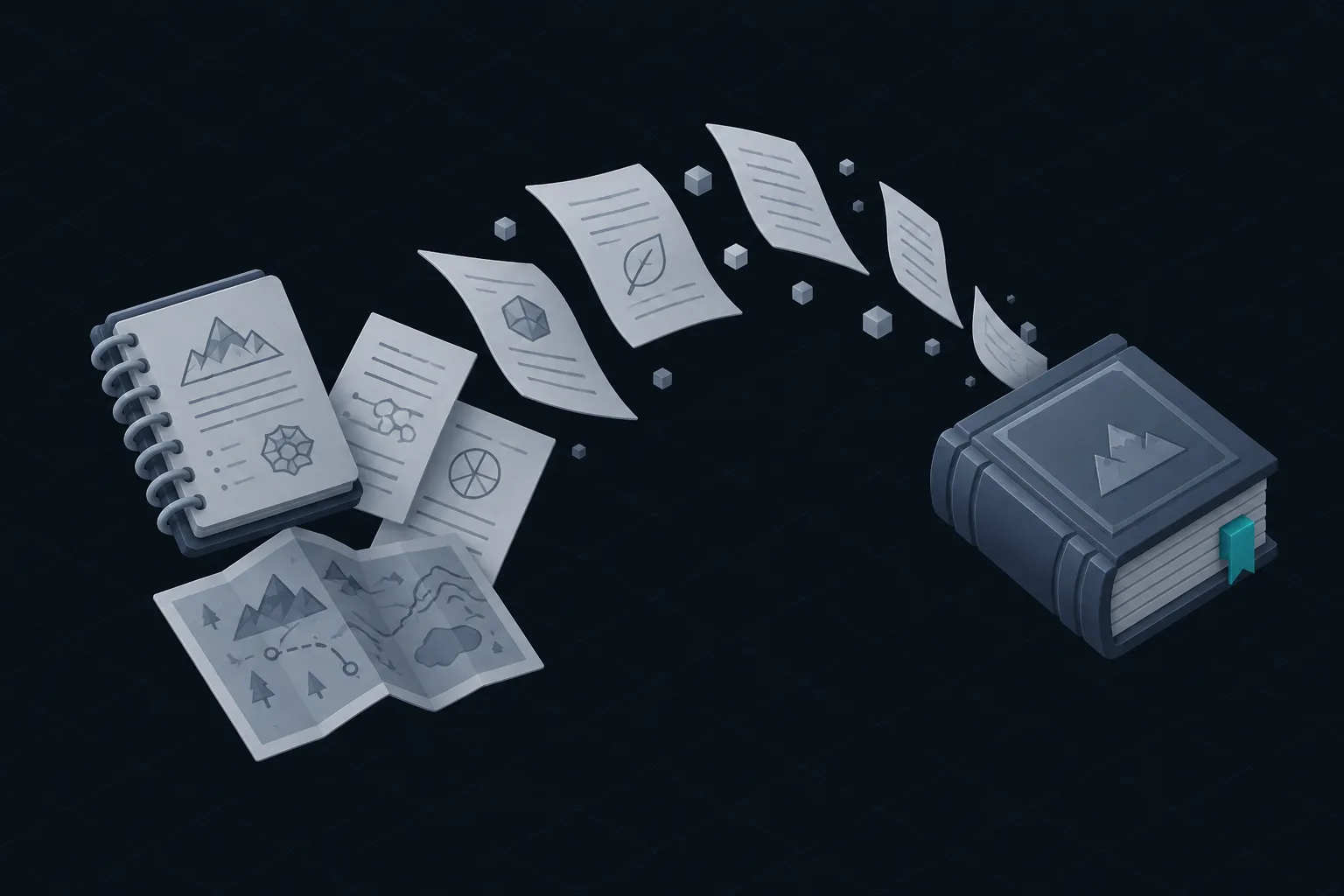Loose pages and a map folding themselves into a single bound volume.