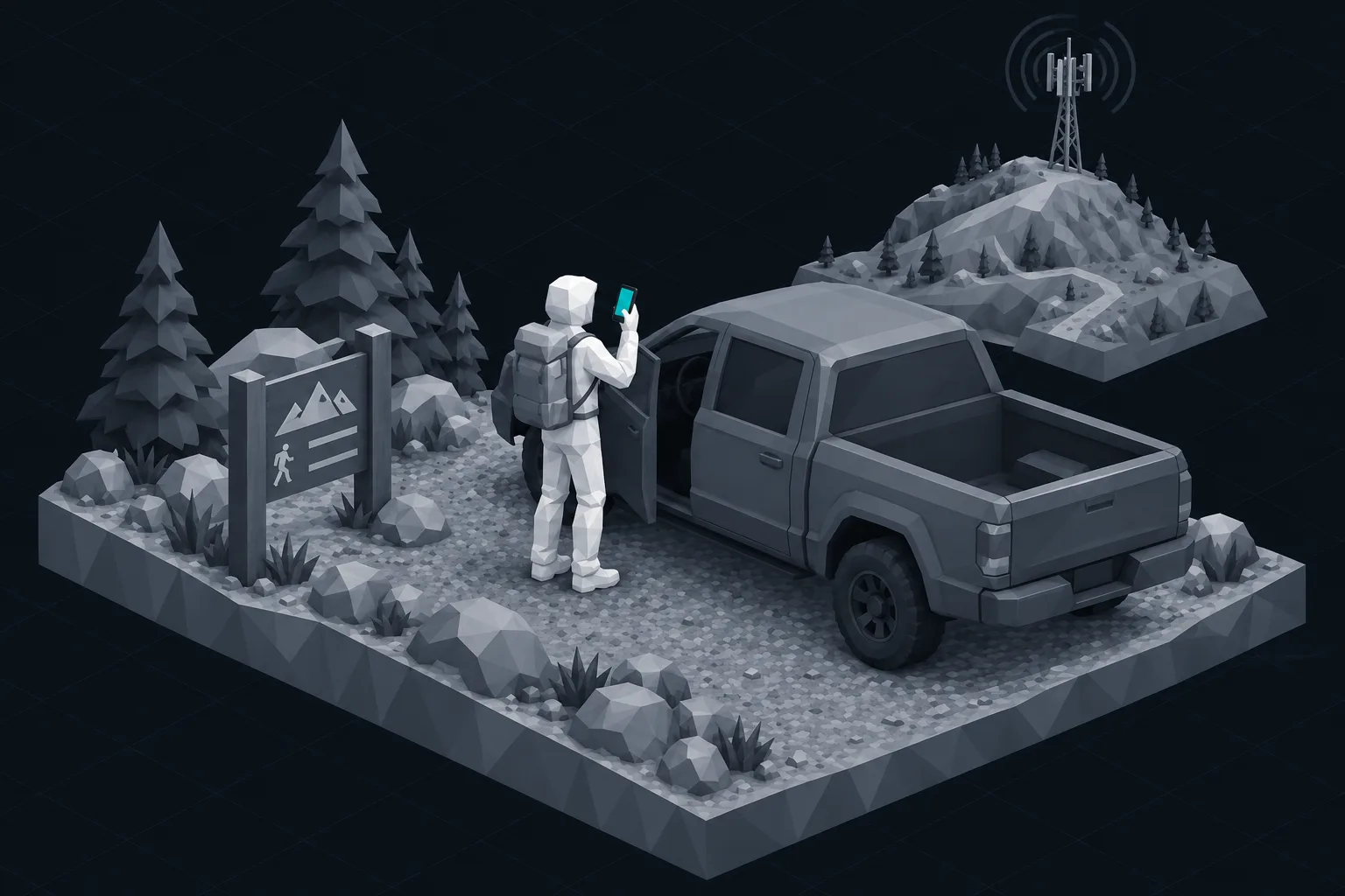 A hiker back at a truck at the trailhead, phone in hand, a tower in the distance.