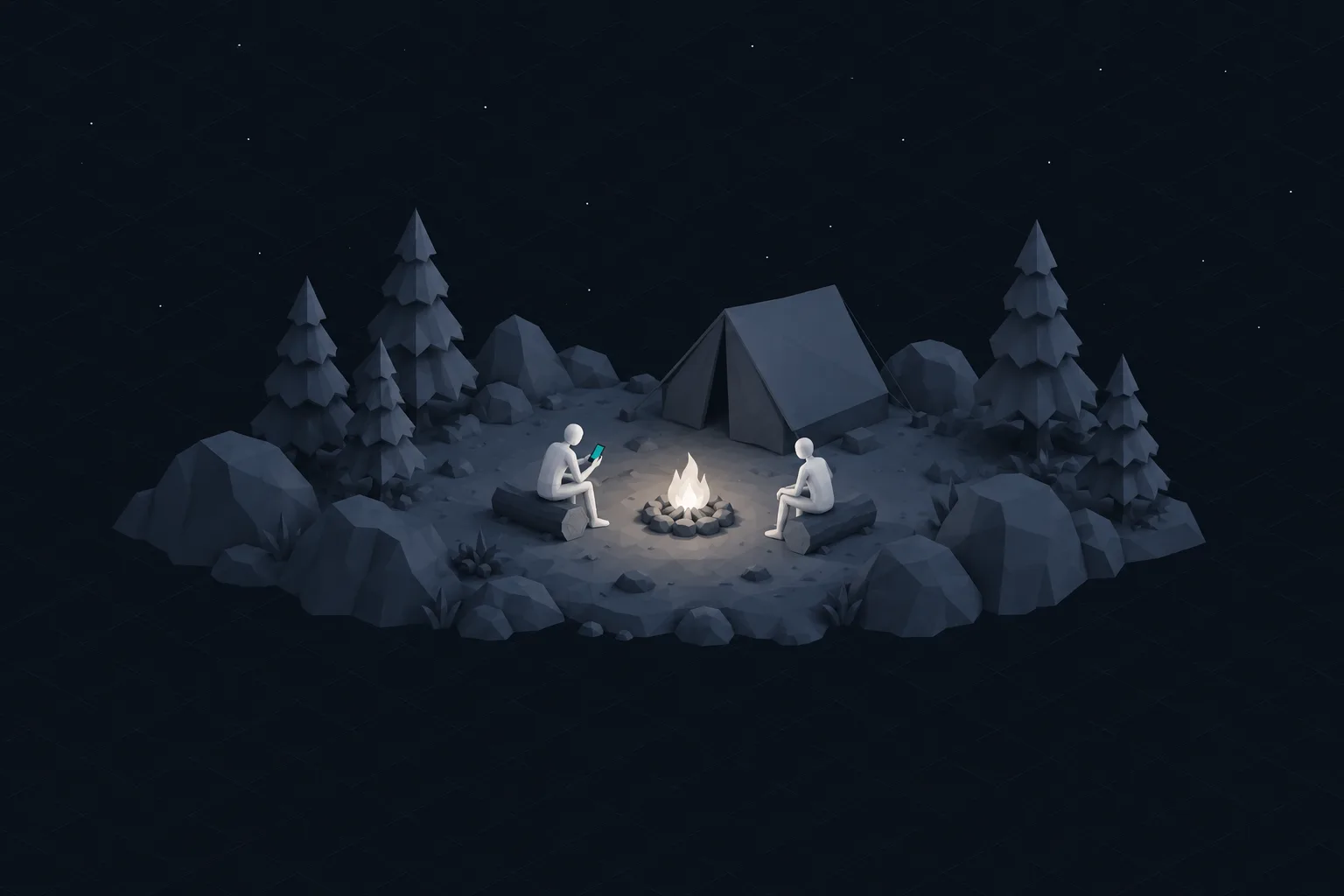 Two people seated on logs beside a campfire at night, a tent behind them.