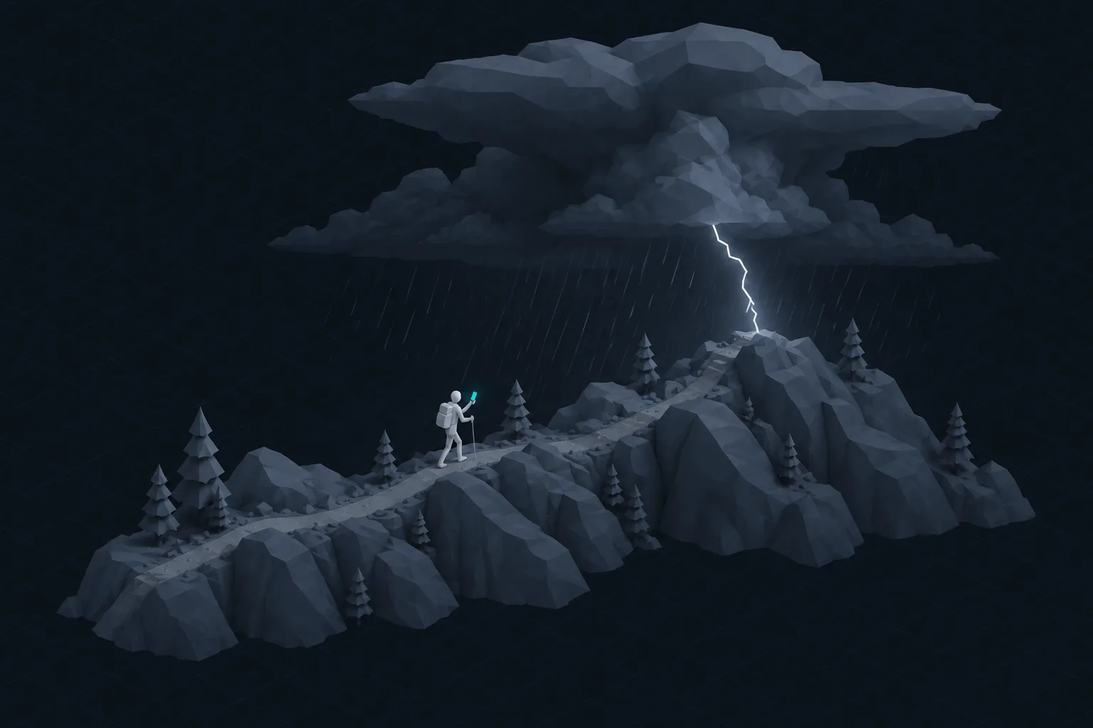 A hiker on a ridge looking up at a thunderstorm building overhead.